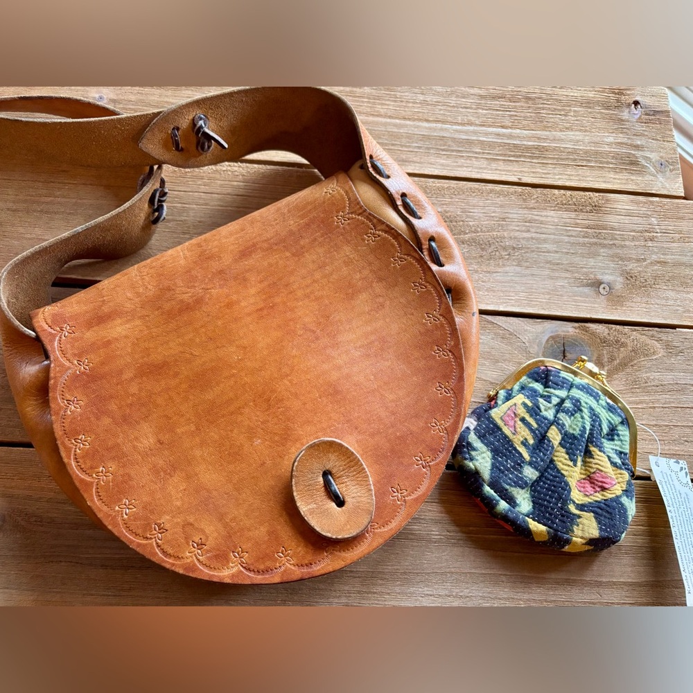 Vintage Brown Leather Hippie Bag with NWT Kantha Coin  Purse